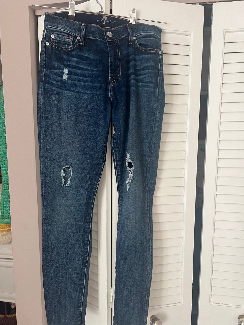 7 For All Mankind Dark Wash Distressed Skinny Jeans